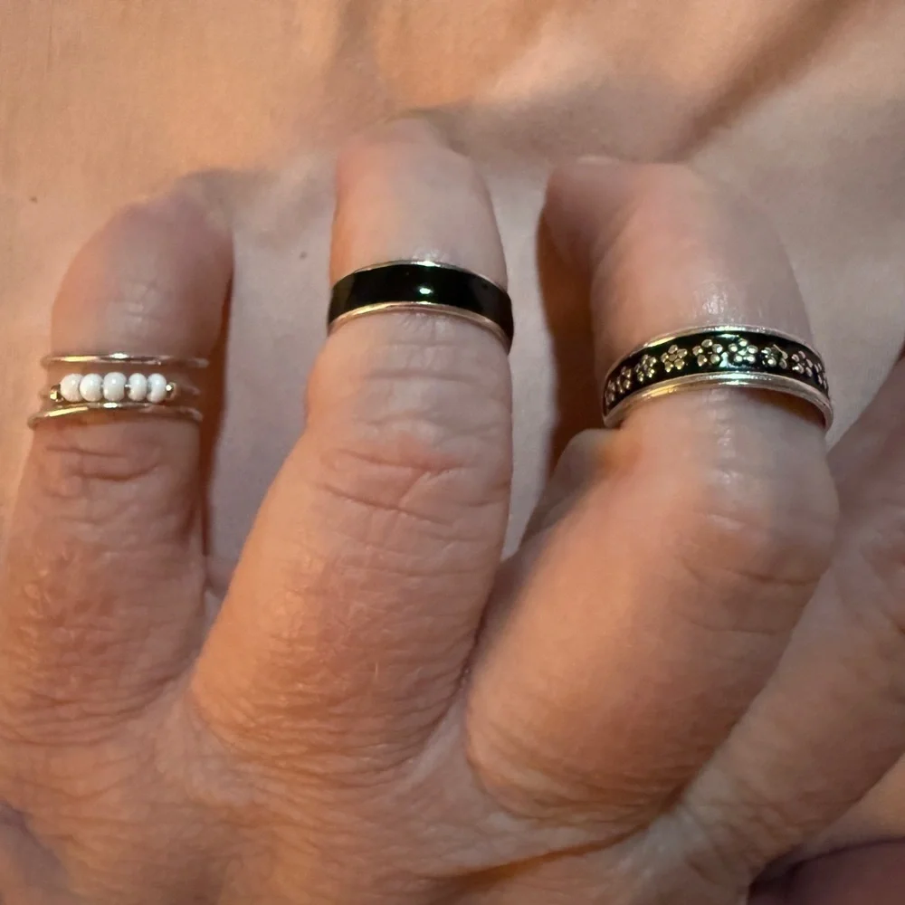 Set of 3 Silver, White Beads and Black Rings NWT